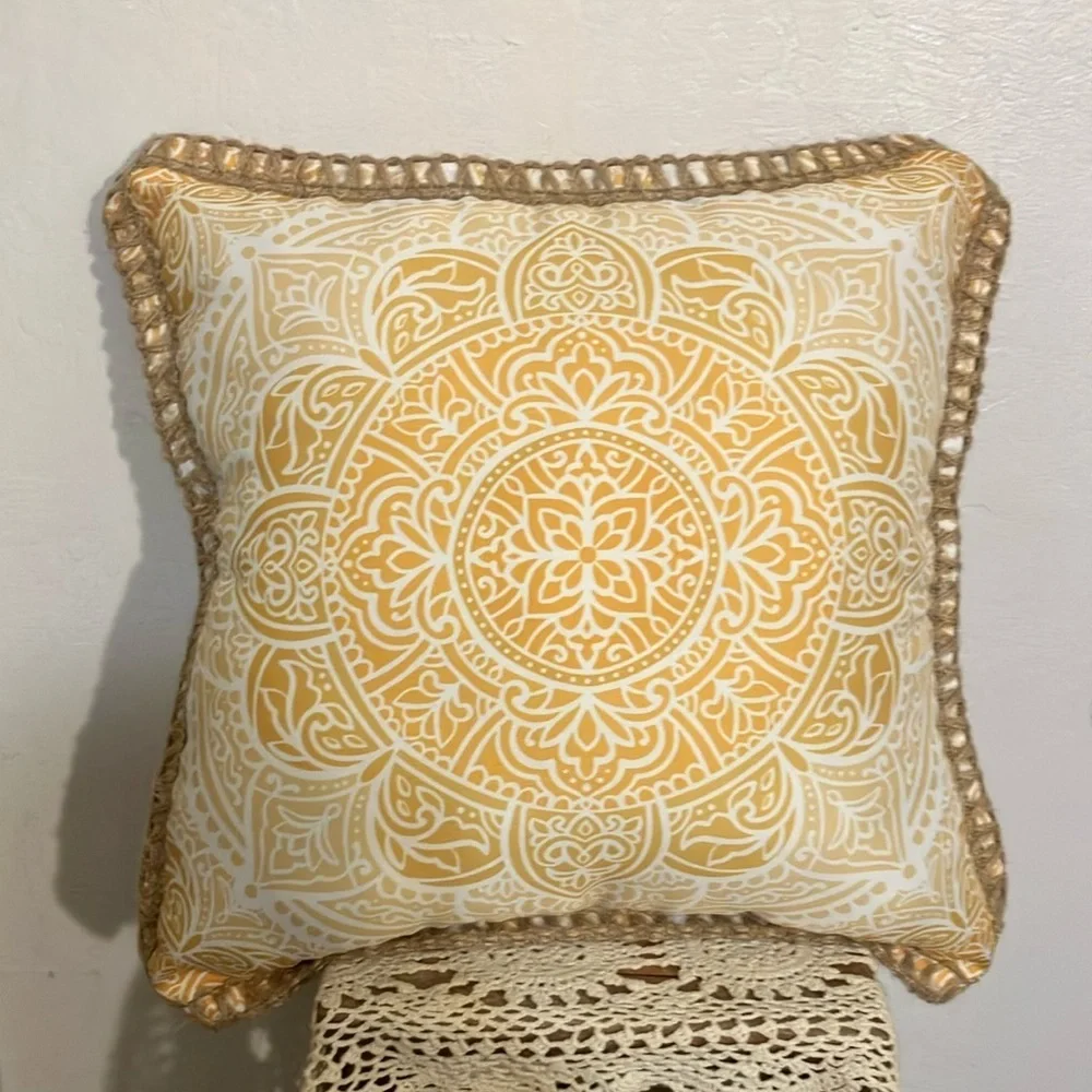 Mandala Patterned reversible Orange and yellow Throw Pillow with jute trim